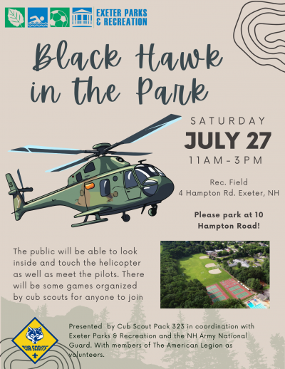 flyer for black hawk in the park with text and a photo of a black hawk helicopter
